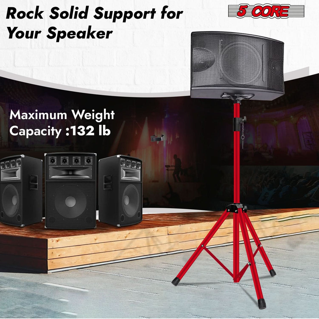 Red tripod stand for speakers by 5Core with 72 inch adjustable pole