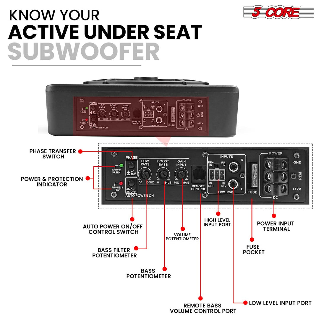 5Core car subwoofer with integrated amplifier and LED illumination