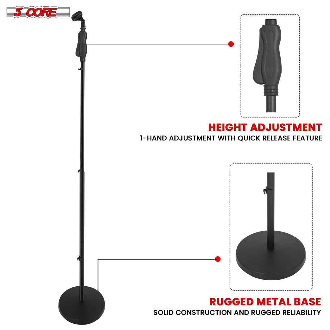 5Core microphone stand, height adjustable 35 to 57" with round base, metal build