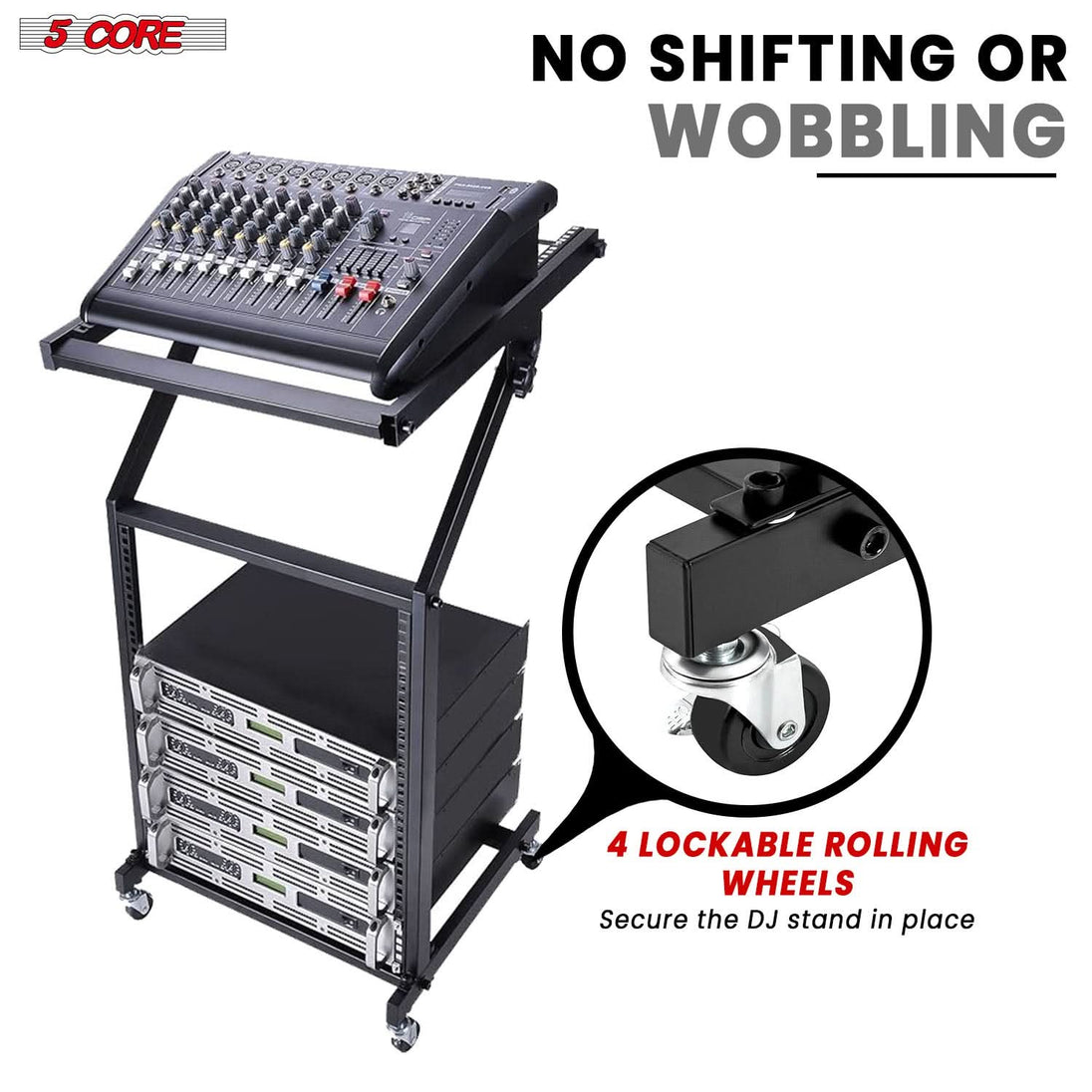 5Core 9U rack mount DJ mixer stand with adjustable height, wheels for pro audio studio equipment