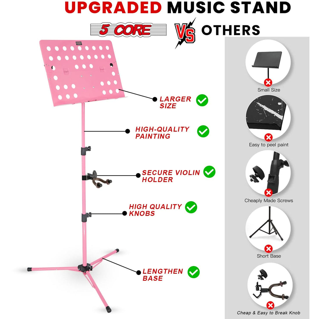 5Core pink music stand for sheet music, portable and adjustable folding tripod holder