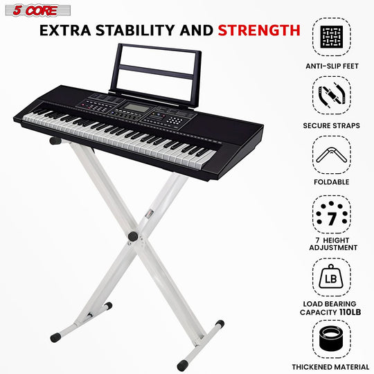 5Core WHITE adjustable keyboard stand with bench double X style