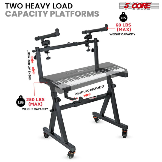 5Core 2-tier Z style keyboard riser, adjustable electric piano stand with wheels