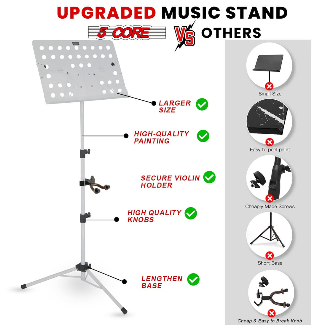 Adjustable 5Core white music stand tripod folding for sheet music