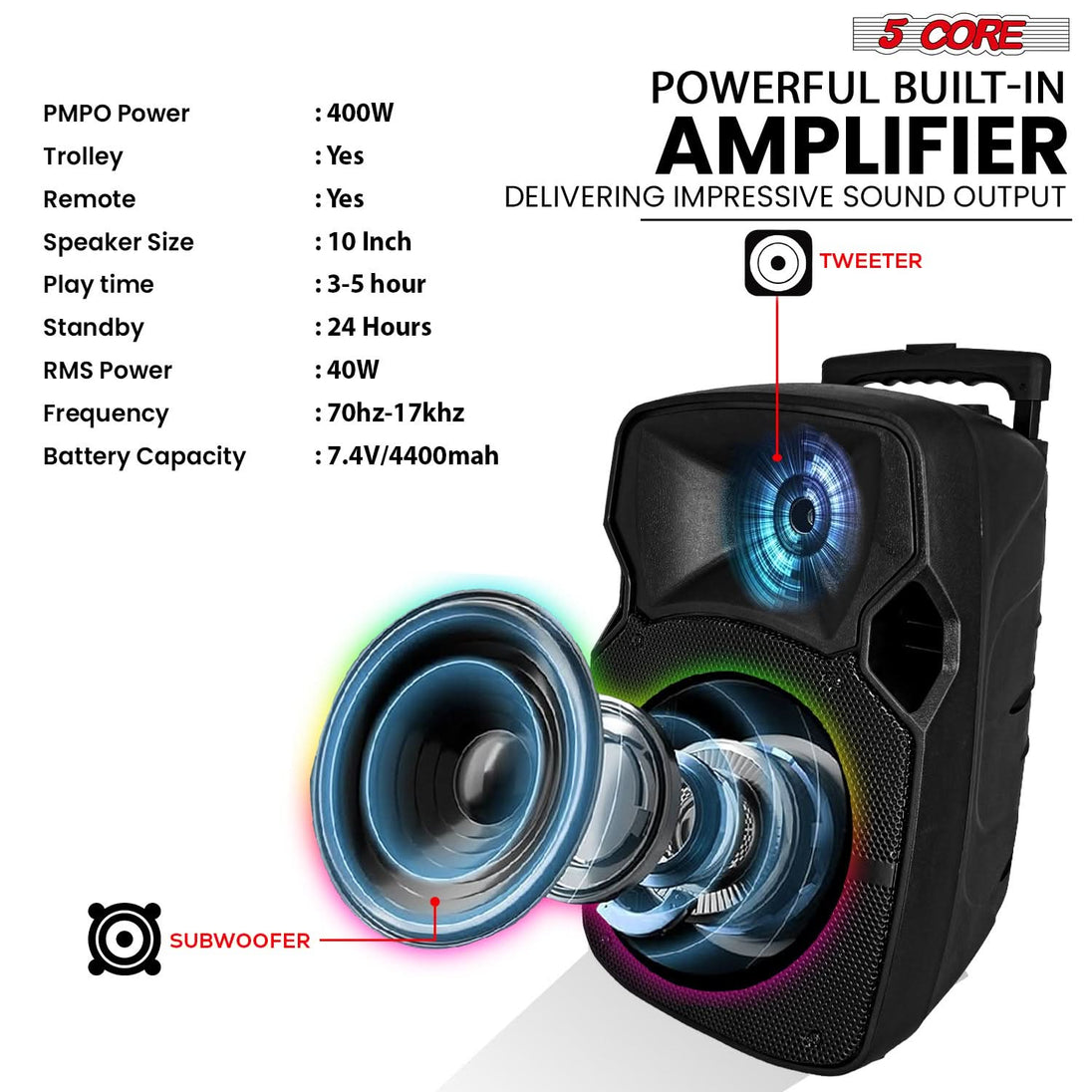 Rechargeable active speaker with powerful sound, built-in battery, and portability for on-the-go music enjoyment