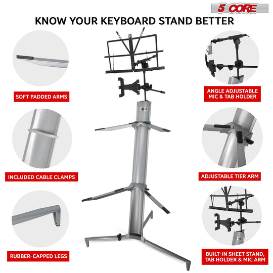 5Core piano stand with locking wheels and adjustable height options