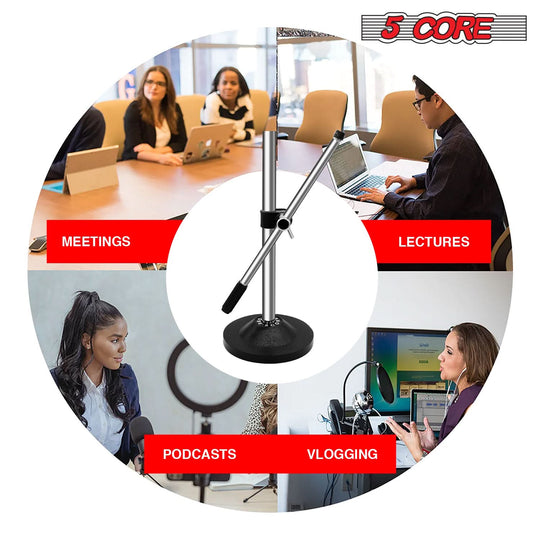 5Core sturdy desk mic stand with round base, universal microphone holder