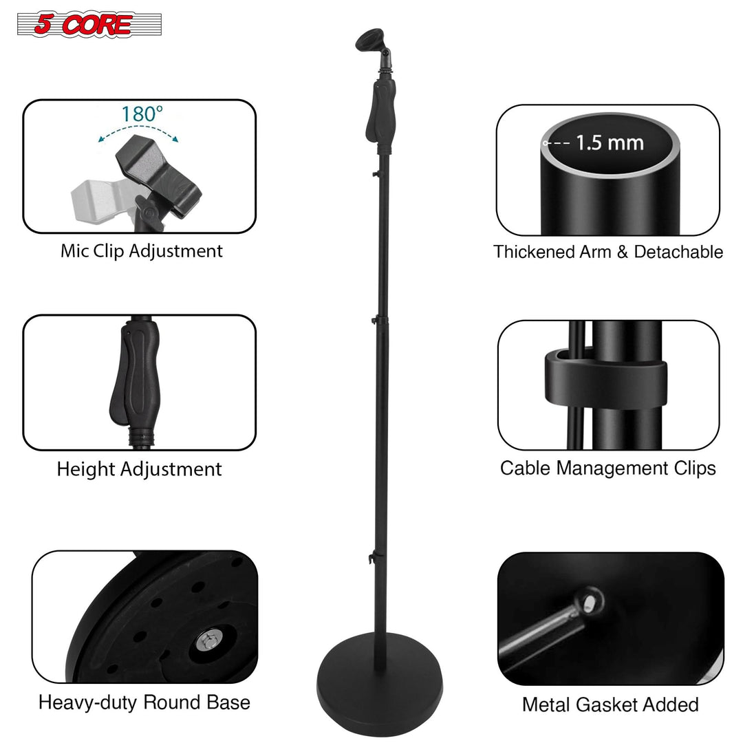 5Core universal microphone stand, 35 to 57" height adjustable with round base and metal holder