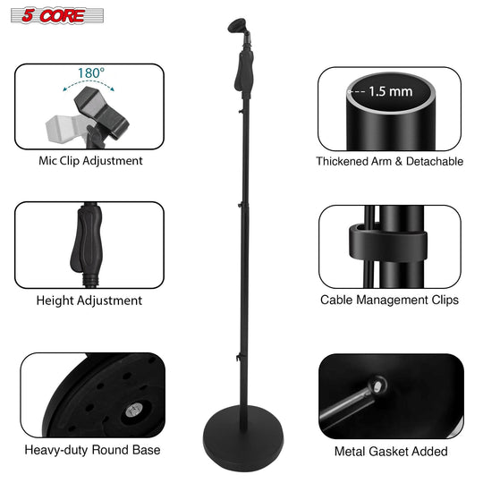 5Core universal microphone stand, 35 to 57" height adjustable with round base and metal holder