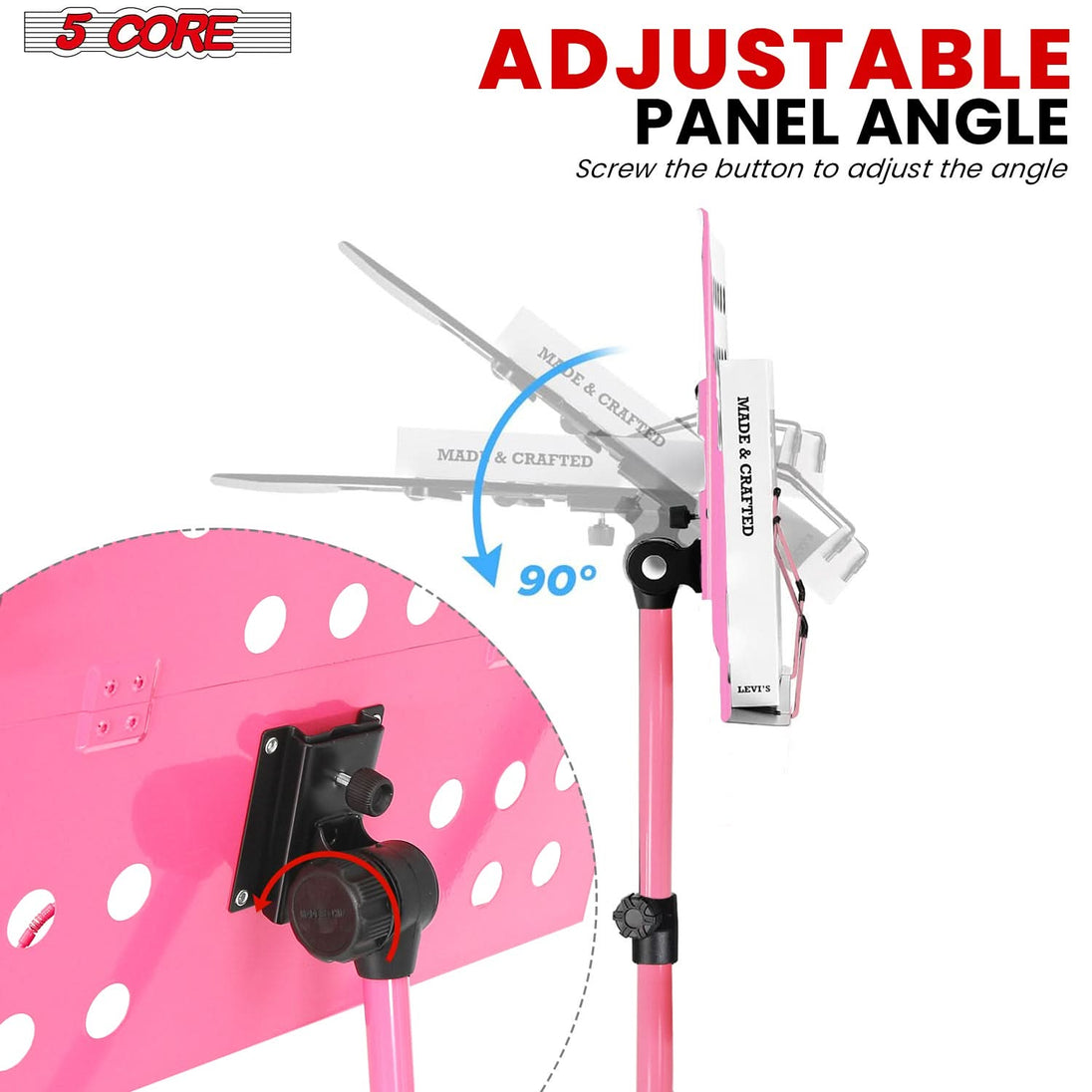5Core portable folding music stand in pink, adjustable tripod note holder for sheet music