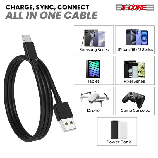 5Core Type-C cables compatible with phones, tablets, and other USB-C devices