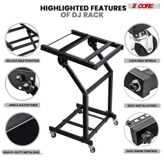 5Core DJ mixer stand with 9U adjustable rack mount and rolling stage cart for audio equipment