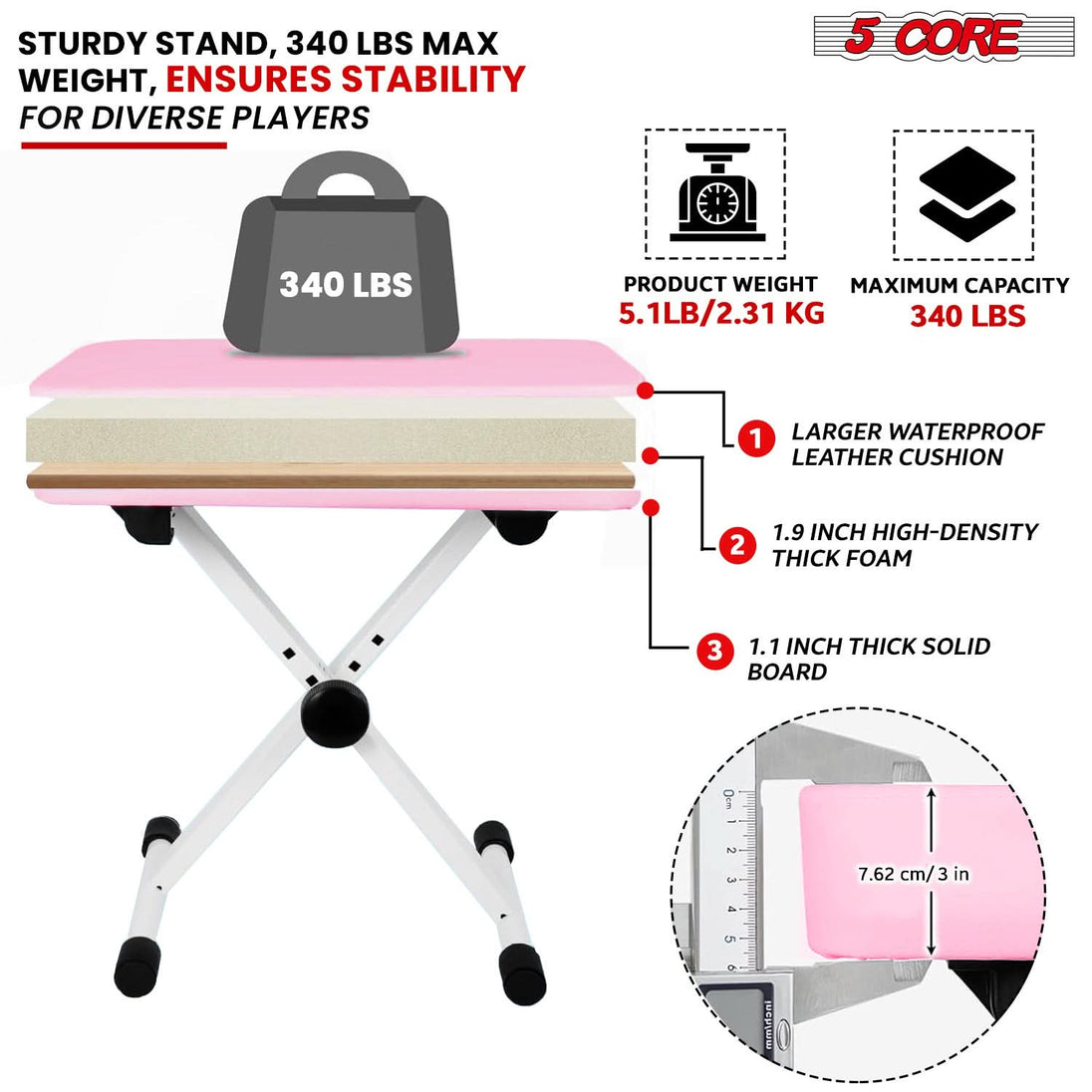 Double X style 5Core piano riser with adjustable bench PINK