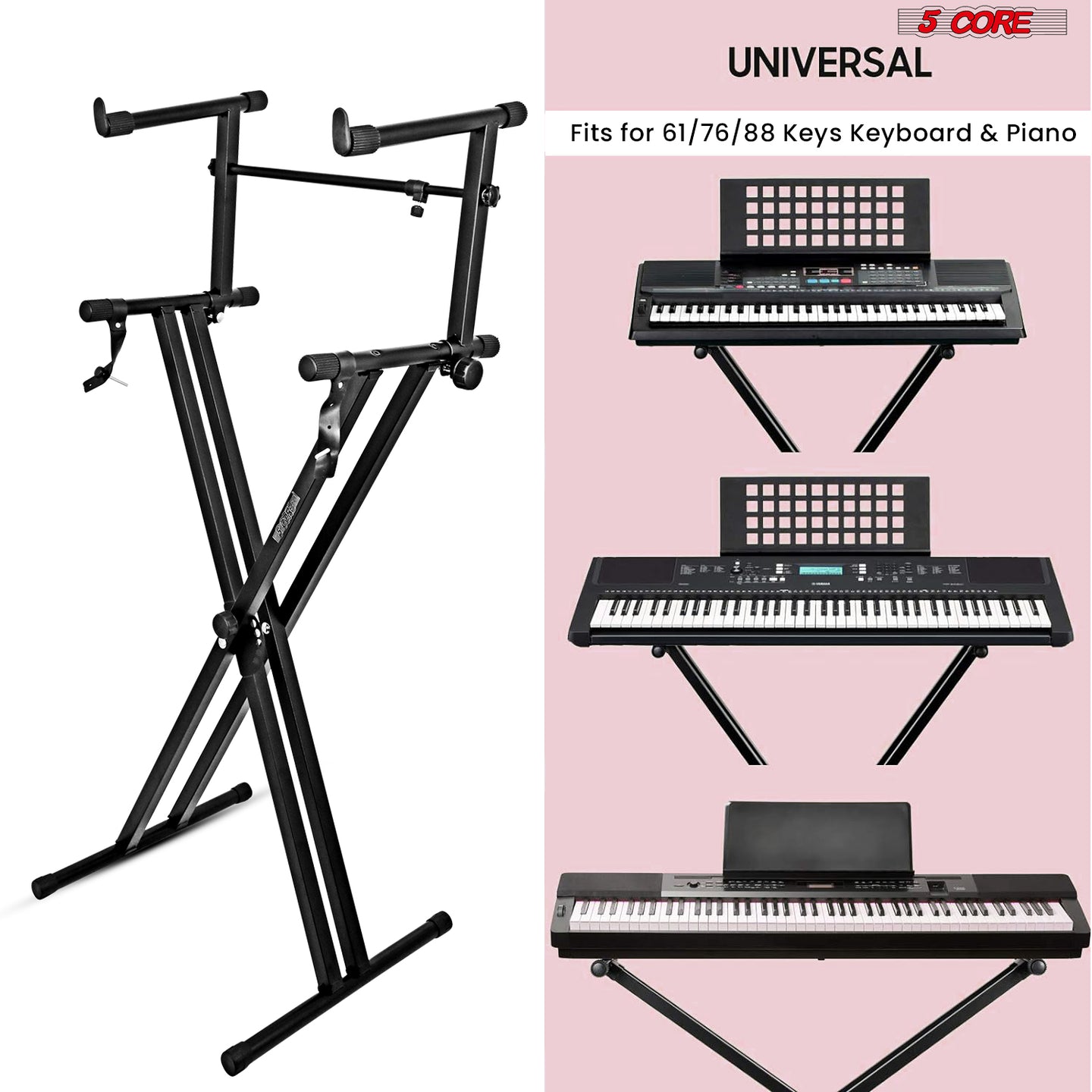 Two-tier piano stand with double X frame for stability and support