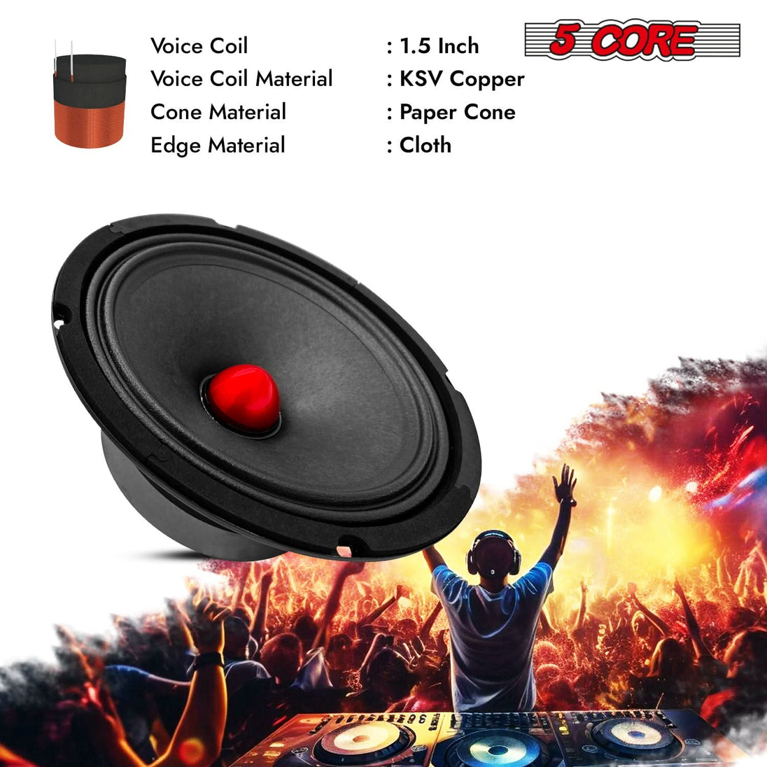 5Core high-performance 8" subwoofer with aluminum bullet for vibrant sound delivery