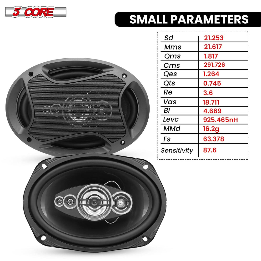 Universal fit 5Core automotive speaker with durable build and high power output