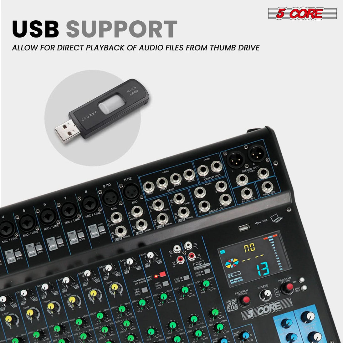 Versatile 5Core DJ console with multiple input and output options