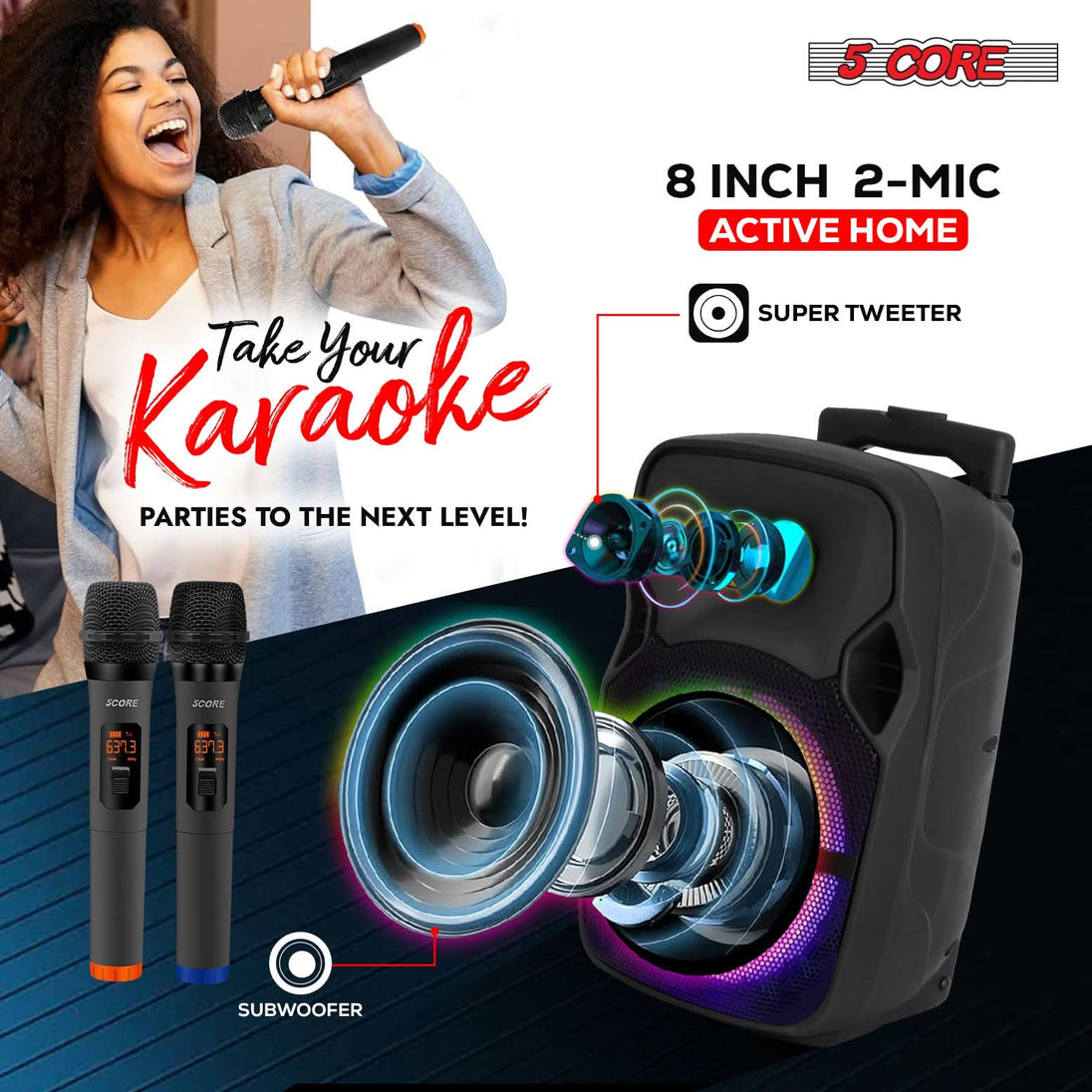 Rechargeable Bluetooth speaker with 8 inch woofer and karaoke mic setup