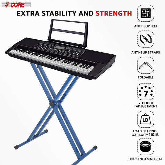 5Core adjustable double X style piano riser BLUE with BLACK bench