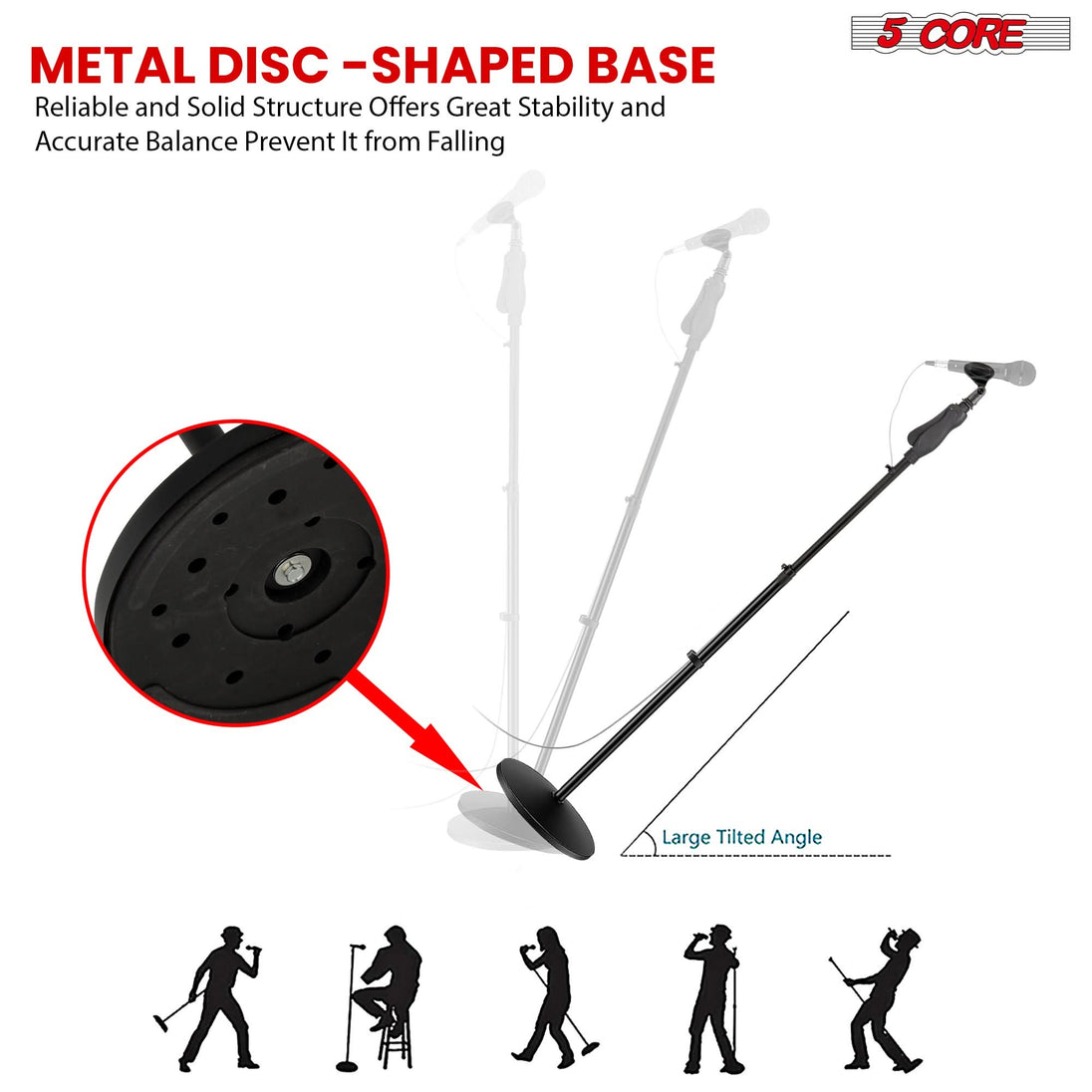 5Core adjustable mic stand, 35 to 57" height range, round base, metal build for floor use