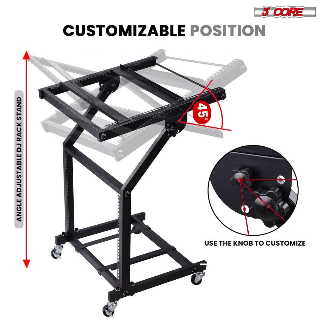 5Core adjustable DJ mixer stand 9U rack mount with wheels for stage and studio use