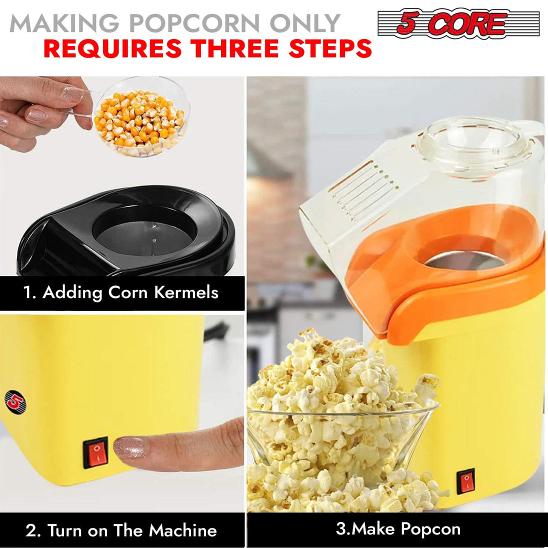 5Core air popper for popcorn with 16 cup capacity in vibrant yellow