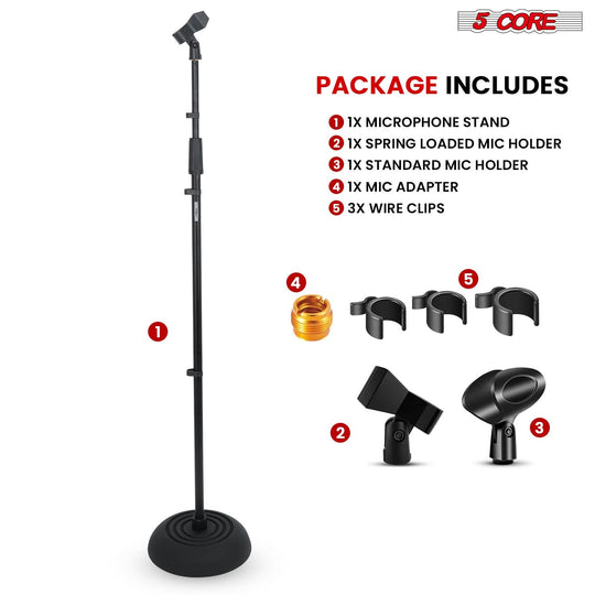5Core adjustable height pedestal mic stand, heavy duty floor stand for stage and studio use