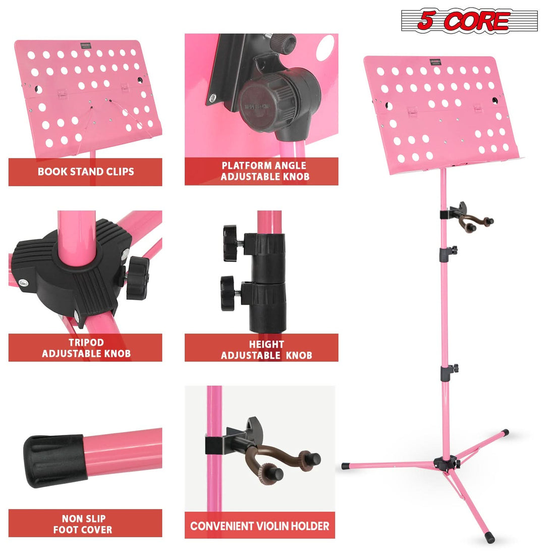 5Core pink adjustable music stand for sheet music, portable tripod folding note holder