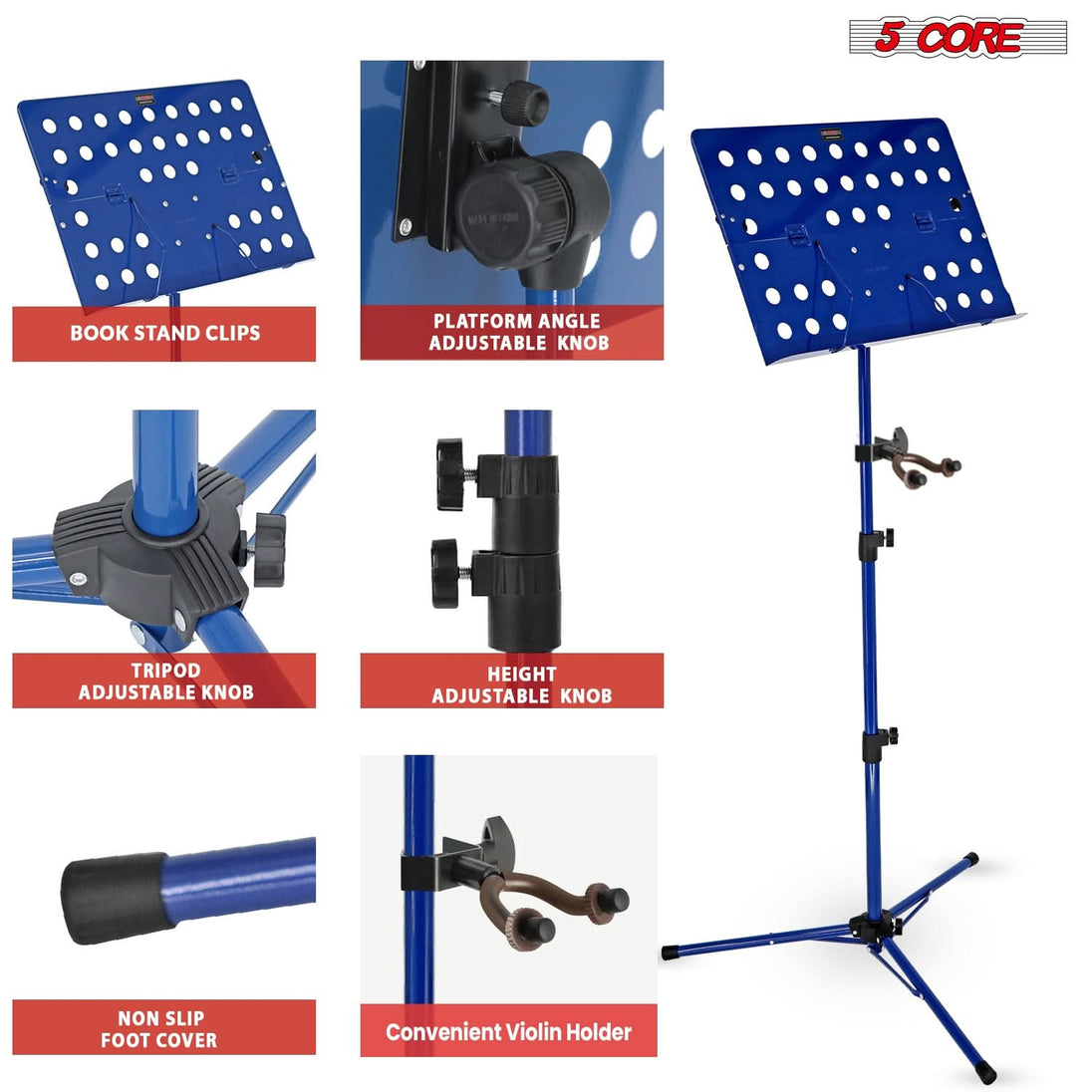 5Core blue tripod music stand for sheet music folding adjustable