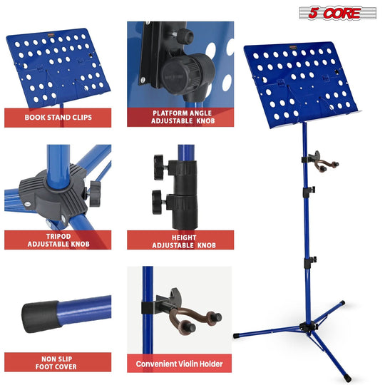 5Core blue tripod music stand for sheet music folding adjustable