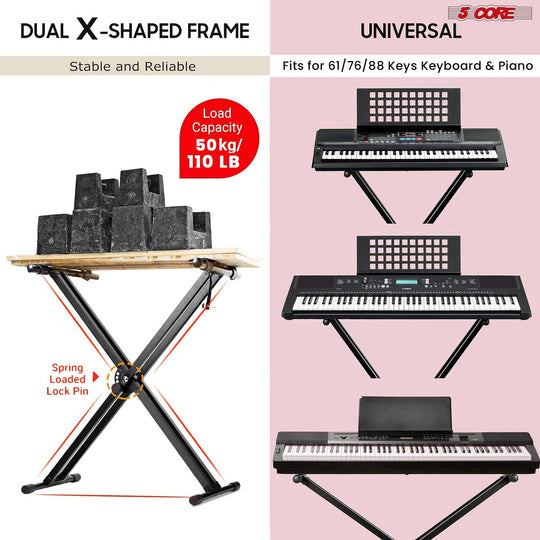 Adjustable 5Core black keyboard stand with double X frame and piano bench for electric pianos