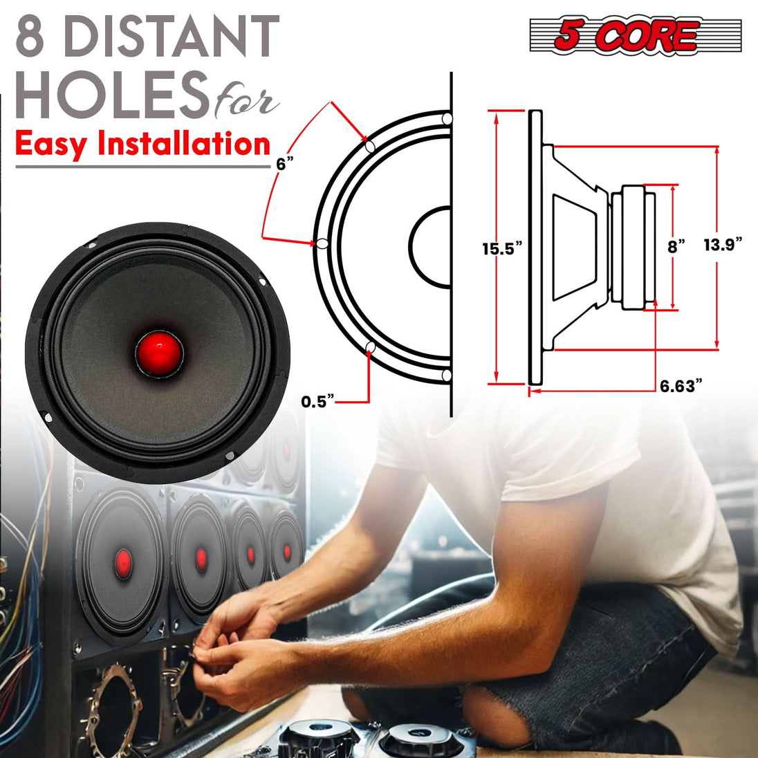 5Core 8Ω mid-bass speaker perfect for vehicle or home audio enhancements