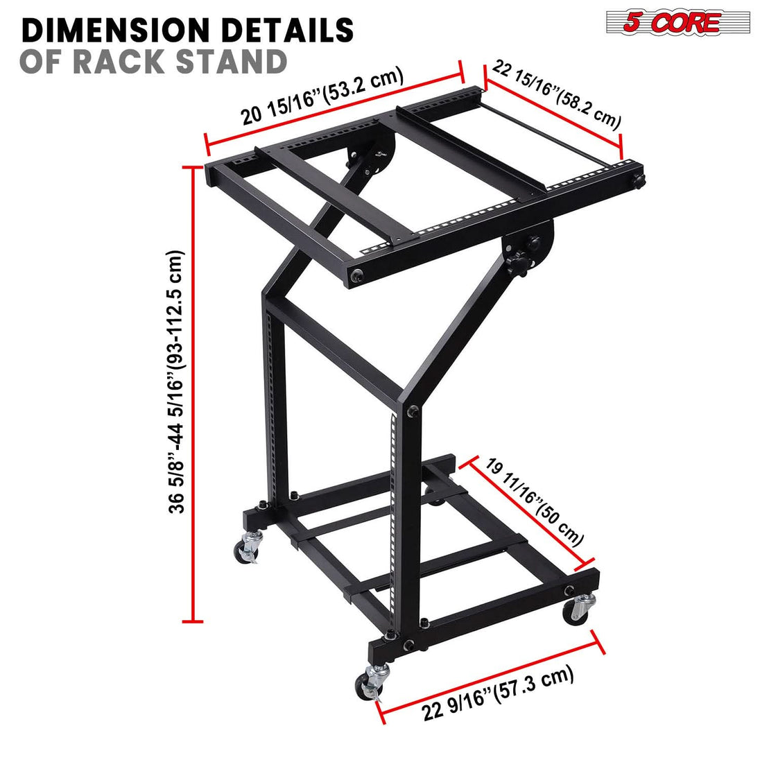 5Core professional 9U adjustable DJ mixer rack mount rolling stage cart with wheels