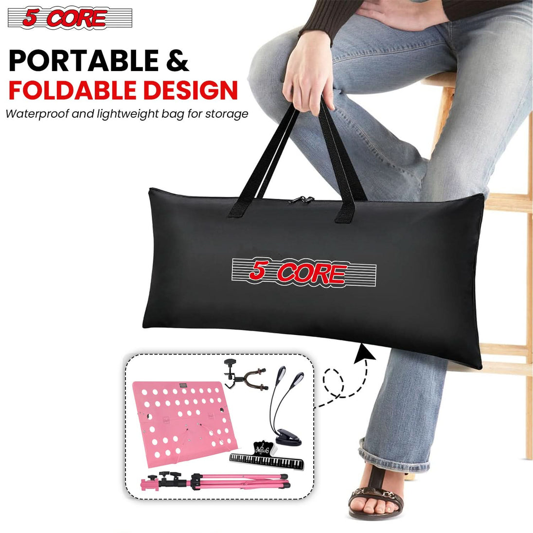 5Core portable pink sheet music stand, folding adjustable tripod with note holder