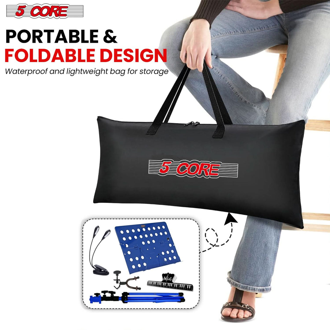 Tripod music stand blue by 5Core folding and height adjustable