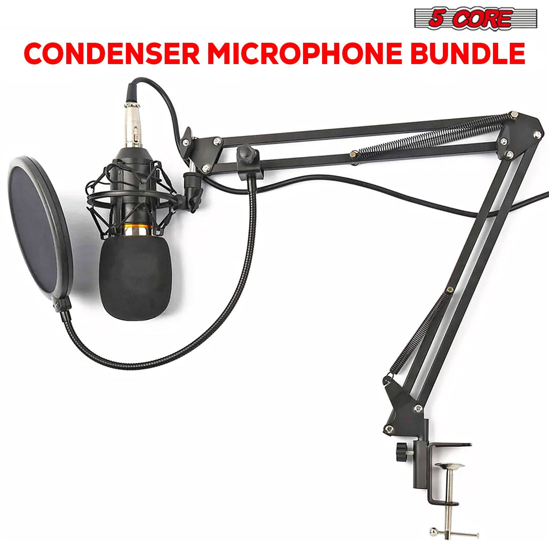 5Core podcast professional condenser microphone kit with cardioid mic and boom arm for recording