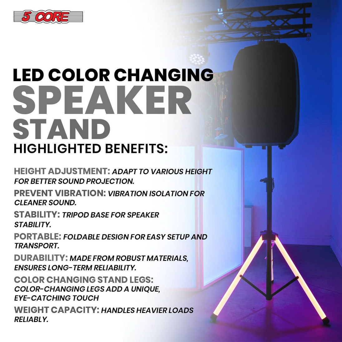 Professional 5Core DJ speaker stand with 72 inch height and LED glow