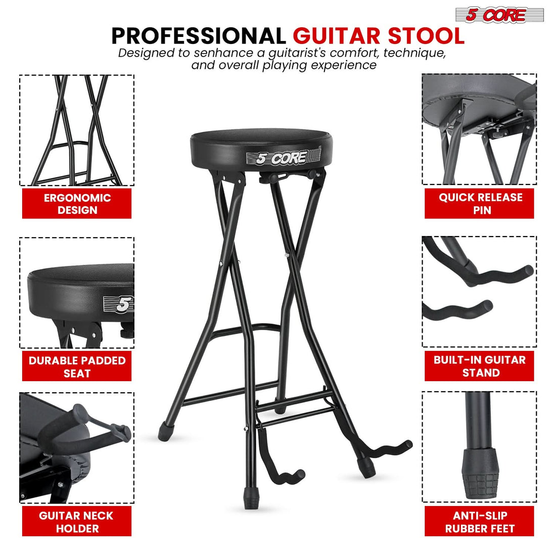 5Core guitar bench with back support and instrument stand