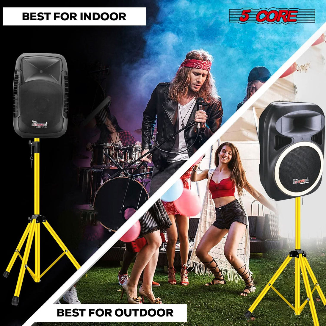 Stable and tall 5Core studio speaker stand with bright yellow locks