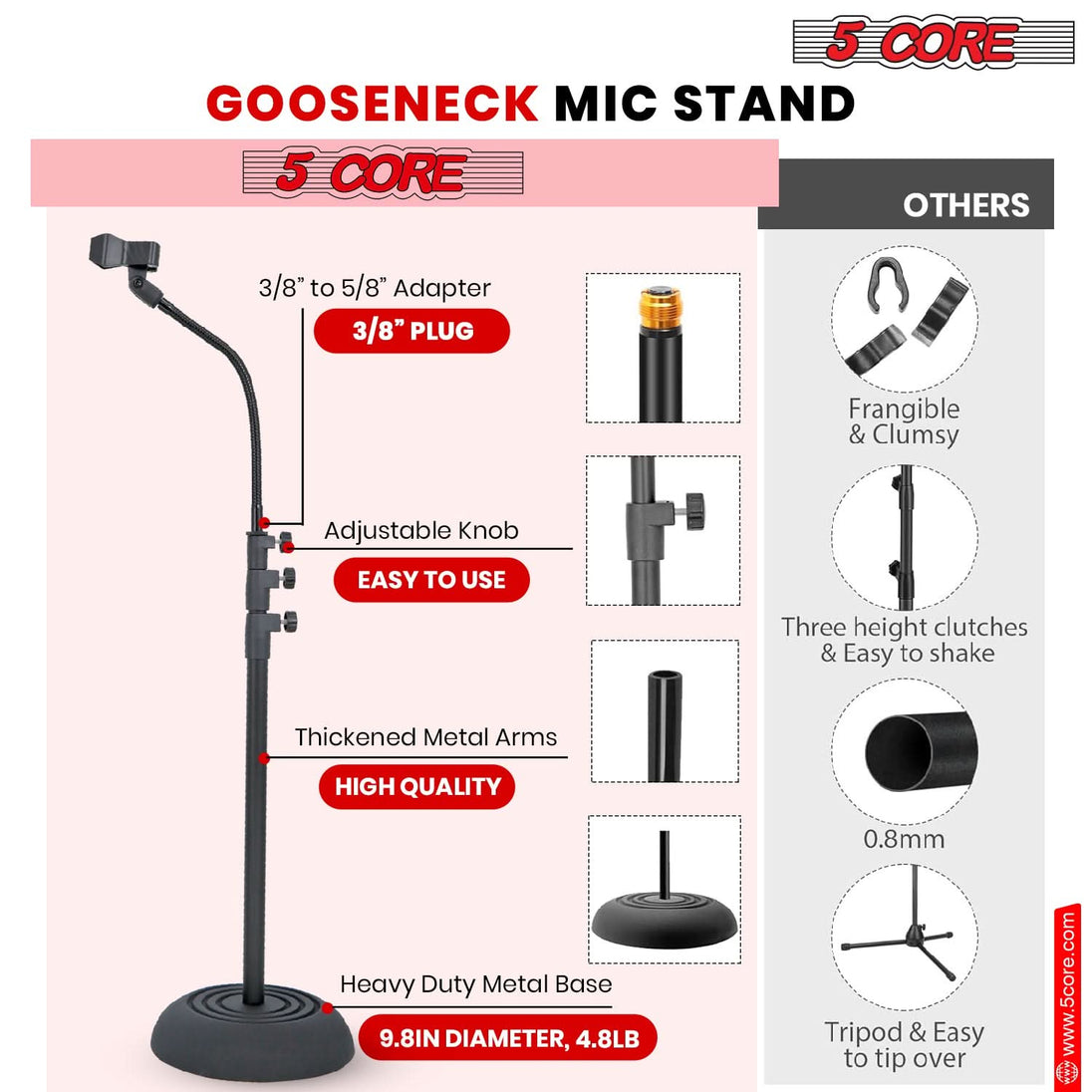 5Core adjustable floor mic stand with gooseneck, universal microphone stand with round base