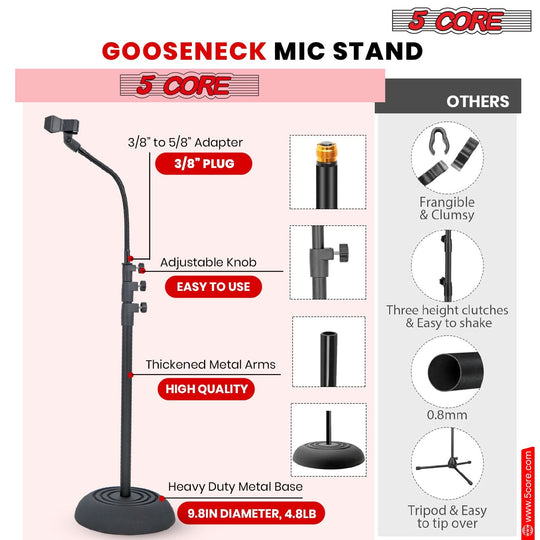 5Core adjustable floor mic stand with gooseneck, universal microphone stand with round base