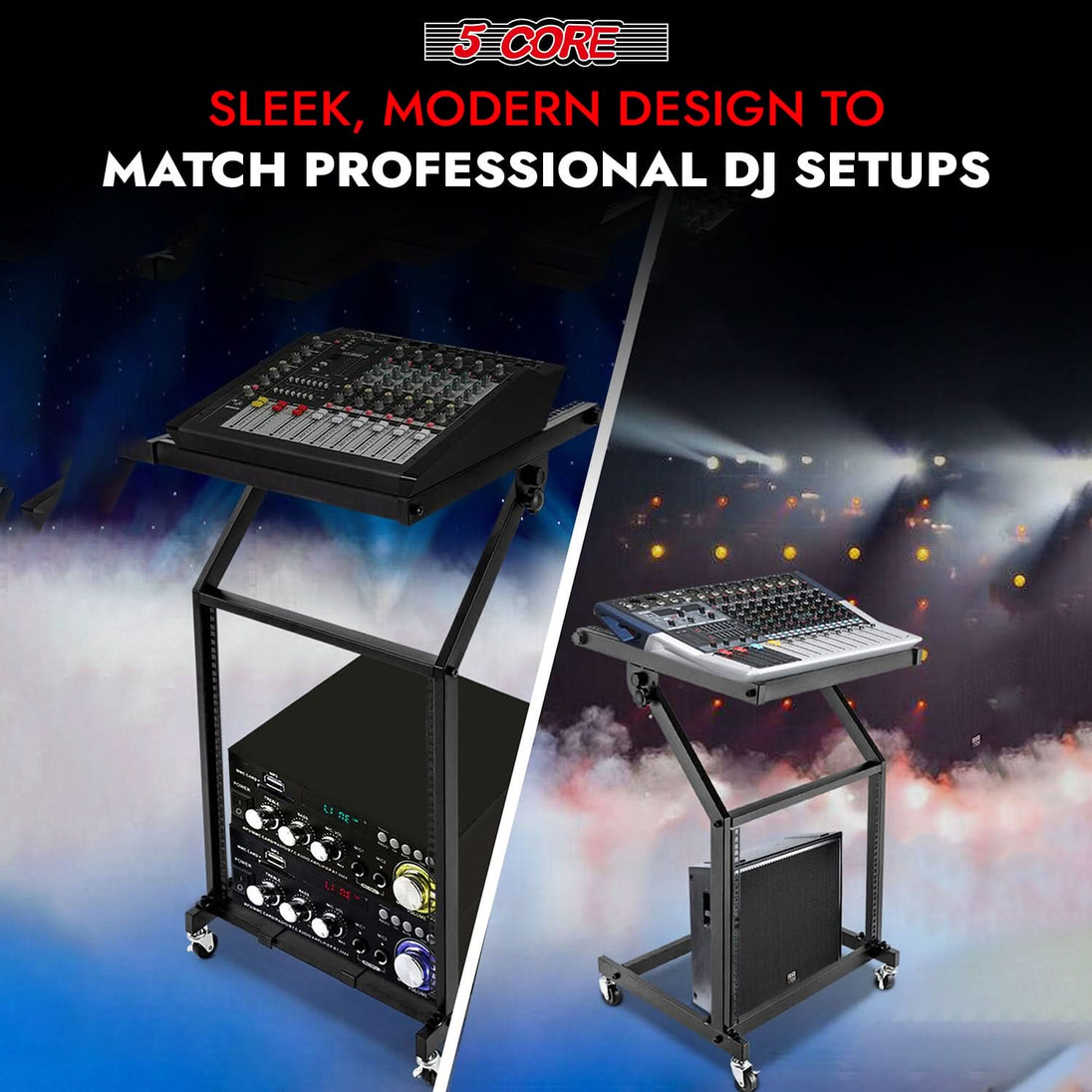 5Core DJ mixer rack mount stand 9U adjustable height with rolling stage cart for pro audio equipment