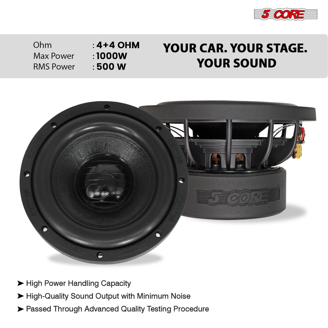 High-output 5Core subwoofer for deep bass in tight car audio spaces