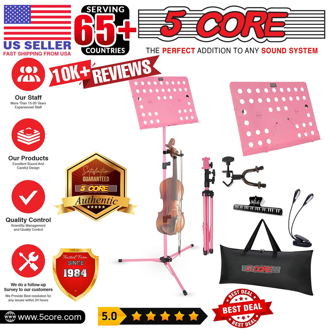 5Core adjustable folding pink music stand, portable tripod for sheet music note holder