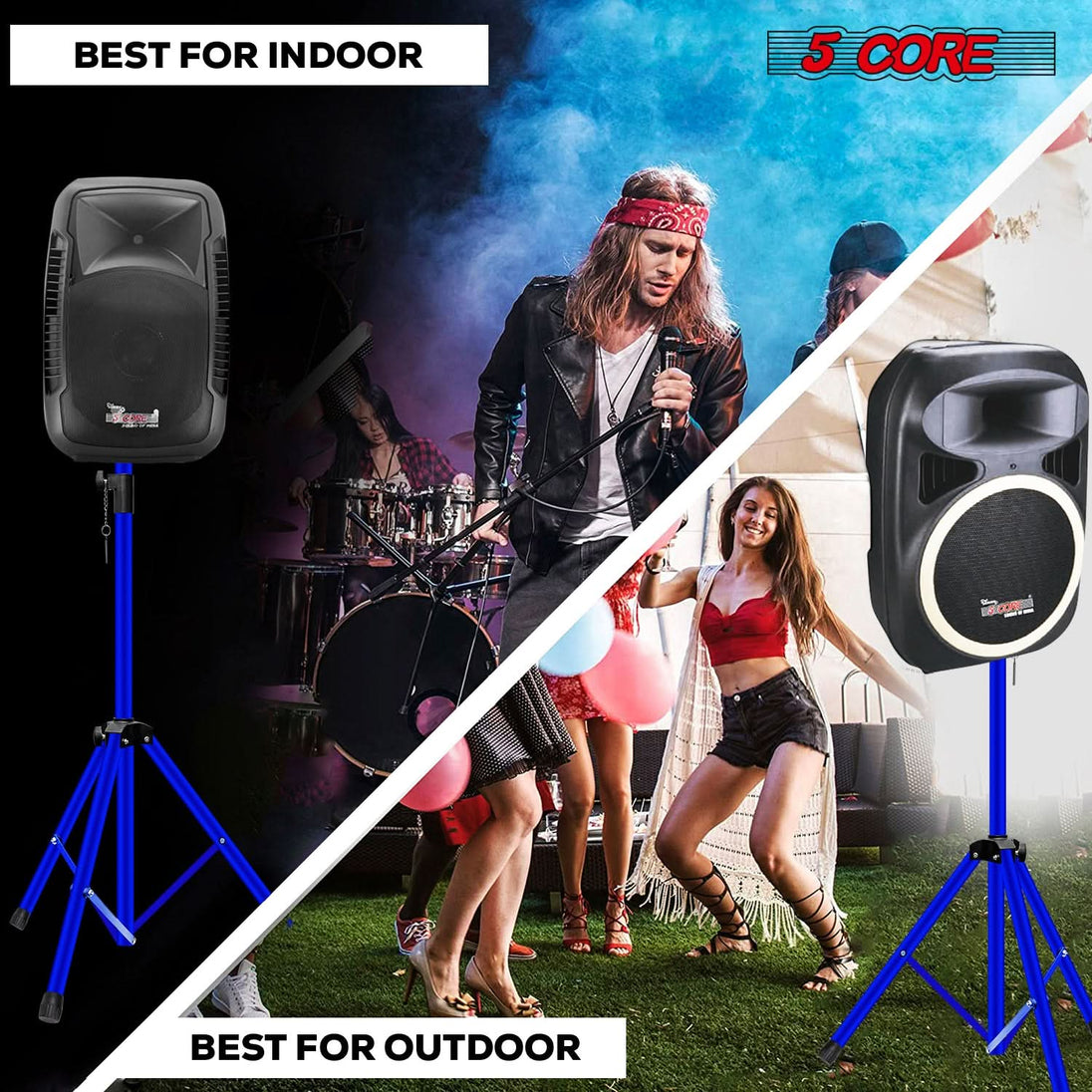 Blue 5Core speaker stand with adjustable height and sturdy tripod frame