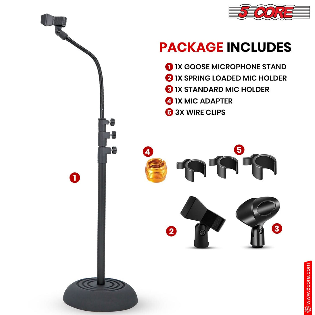 5Core floor mic stand, adjustable gooseneck, universal heavy-duty stand with round base