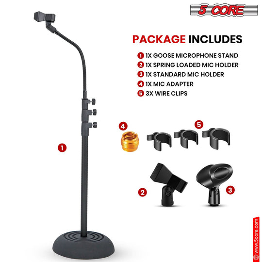 5Core floor mic stand, adjustable gooseneck, universal heavy-duty stand with round base