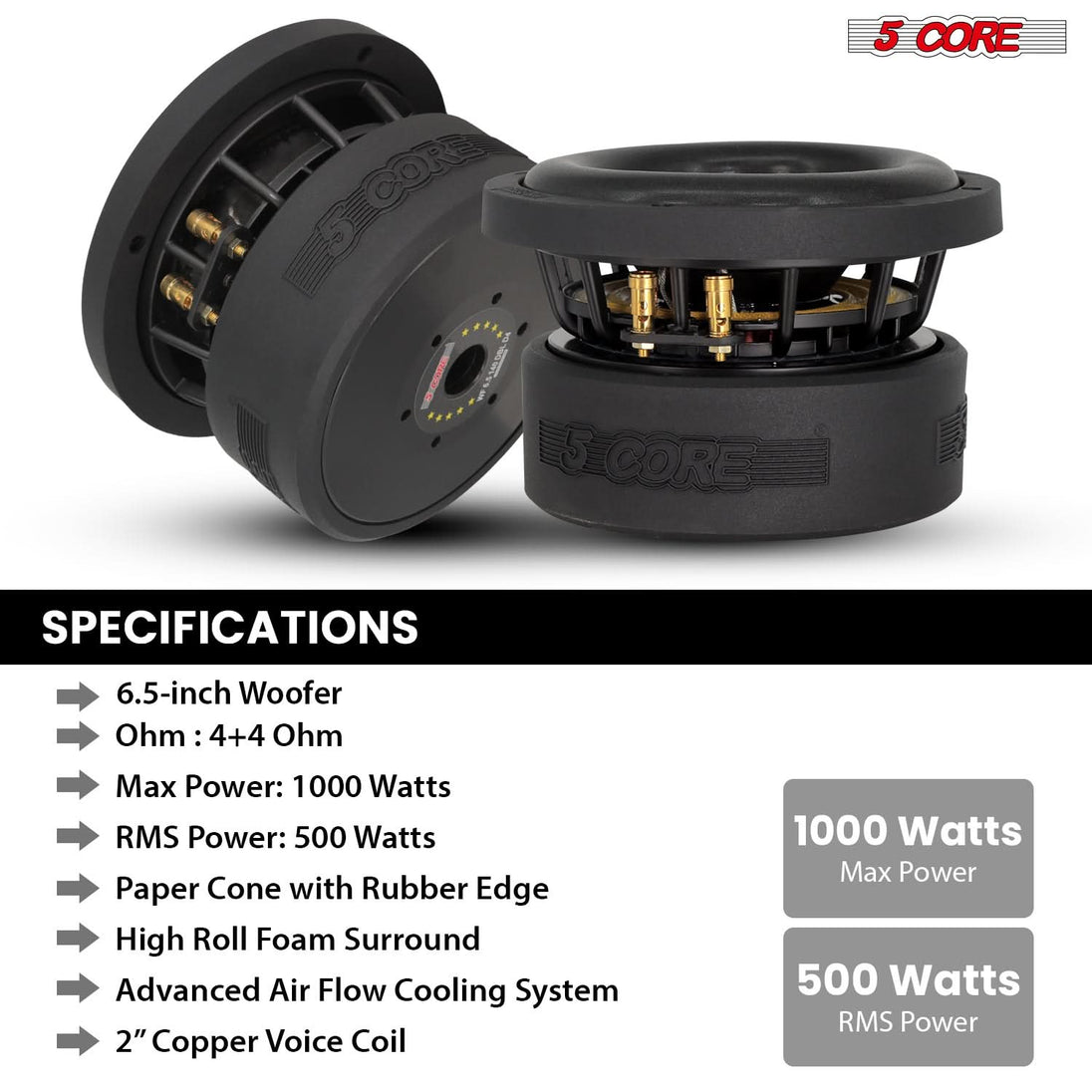 Clear and responsive bass from 5Core dual coil 6.5 inch woofer driver