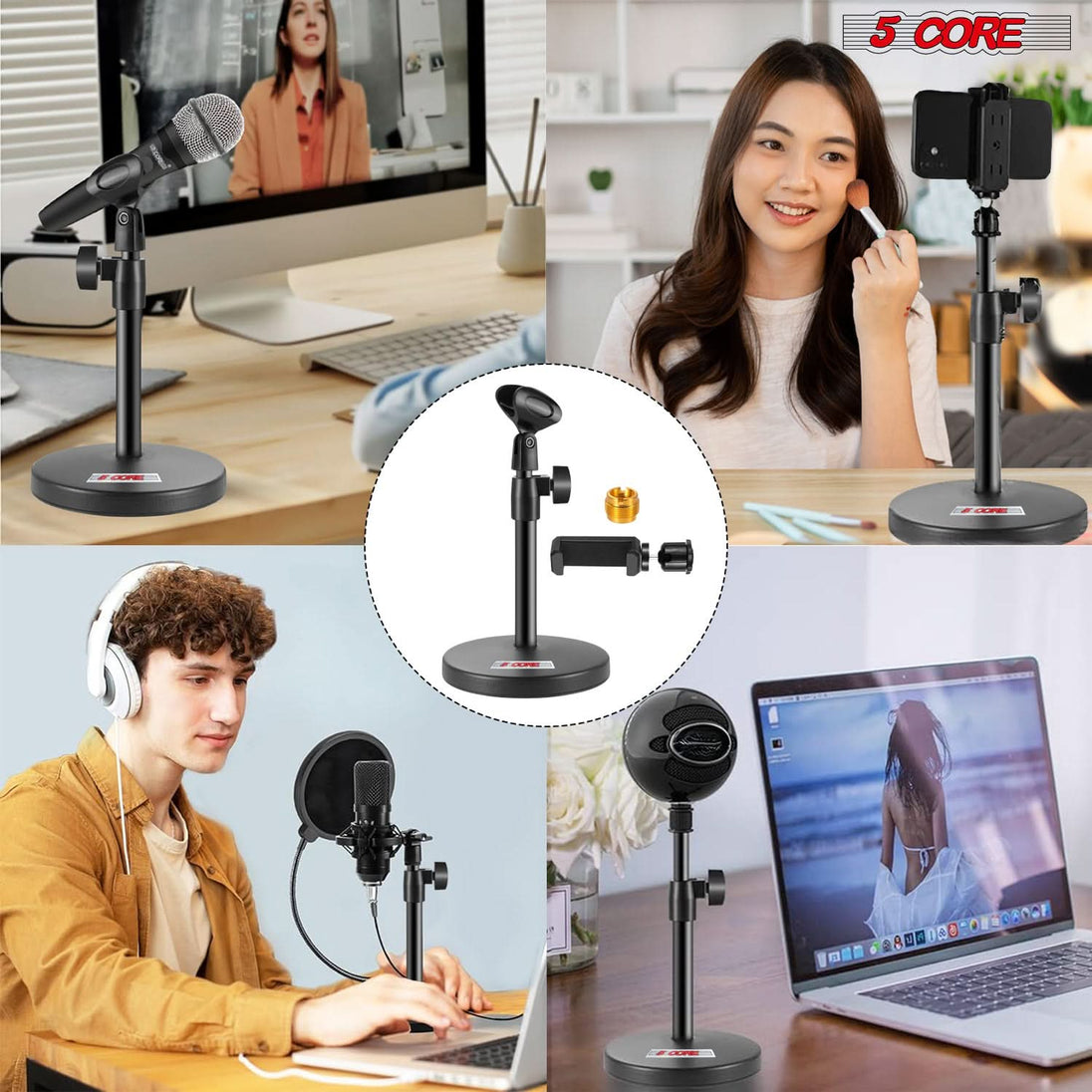Ergonomic desk microphone stand with phone cradle and clip by 5Core