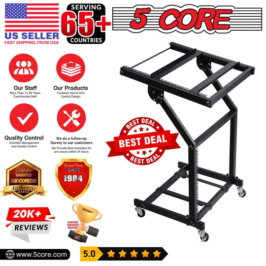 5Core 9U adjustable rack mount DJ mixer stand with wheels for rolling stage cart and audio equipment